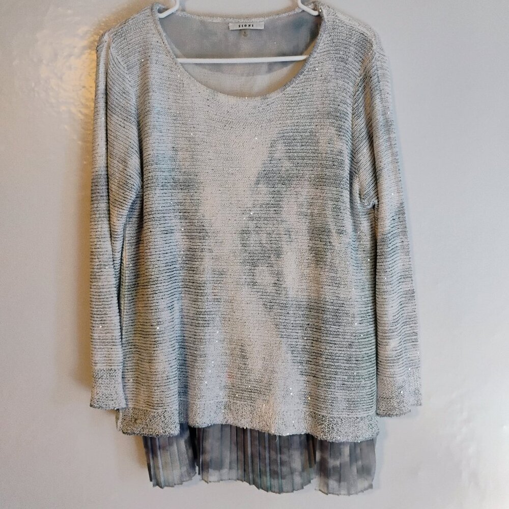 Sioni Metallic Knit Tunic Top L Silver Gray Chiffon Hem